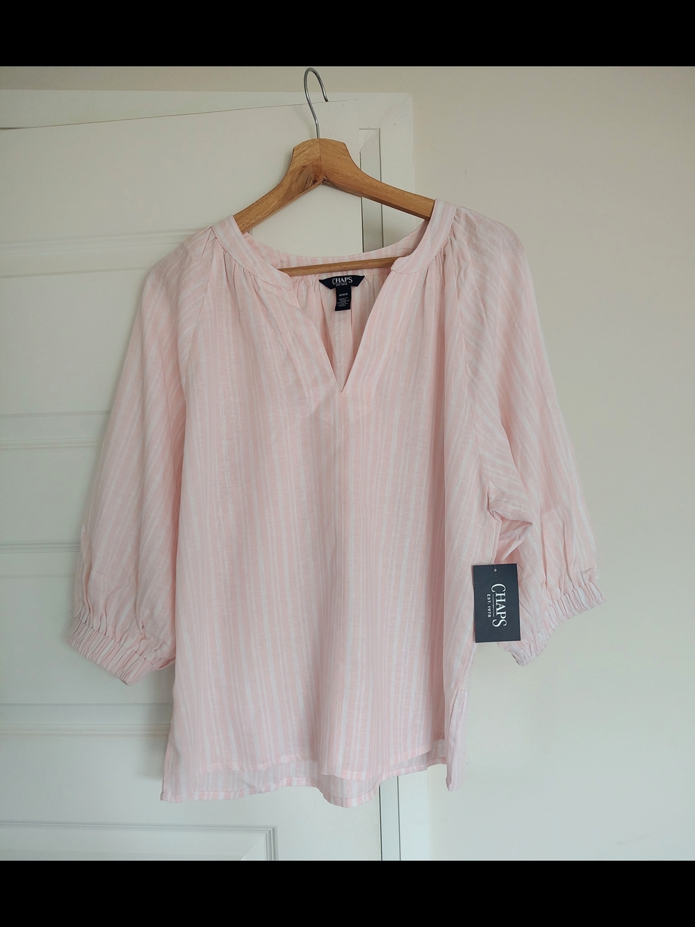 Chaps Light Pink Striped Linen Top